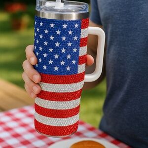 🇺🇸 Bling U.S. Flag 40oz Rhinestone Tumbler with Handle & Straw